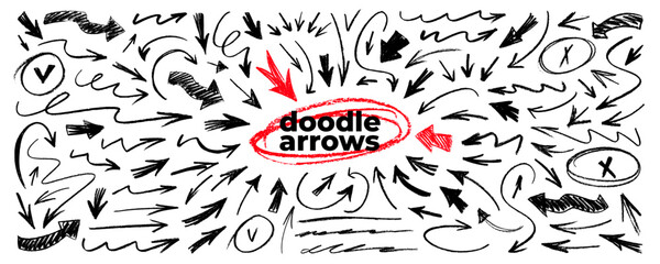 Naklejka na ściany i meble Black crayon pencil graphic arrows collection. Hand drawn doodle png arrow set for hand drawn notes, zine collages and scrapbook design. Vector inky and sketchy arrows directional elements.