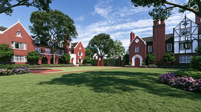 Sunny collegiate-style private school campus with manicured lawn and redbrick buildings