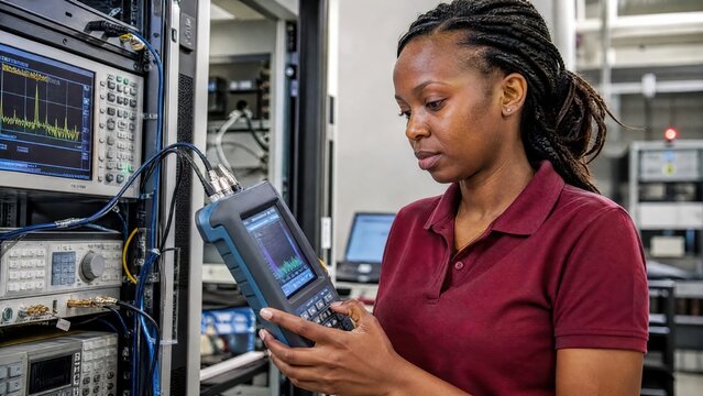 Generative AI, Black female RF engineer analyzing signal data with spectrum analyzer