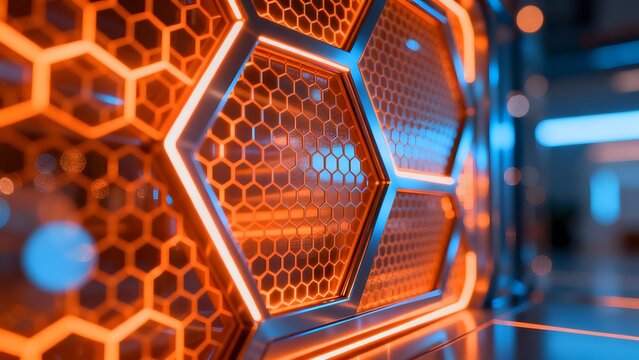 Futuristic hexagonal structure with glowing lights
