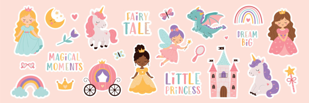 Cute princess fairytale sticker set with princesses, unicorns, fairy, dragon, castle, rainbow and magical elements. Fantasy collection for nursery decor and kids design. Flat vector illustration