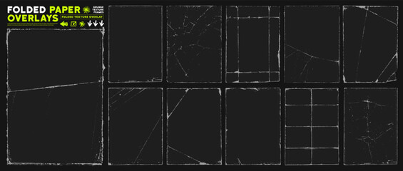 Realistic old folded paper texture overlay kit with grunge scratches, wrinkles and torn edges. Aged and old dust effect, distressed worn edges paper frames for retro, punk and vintage posters.