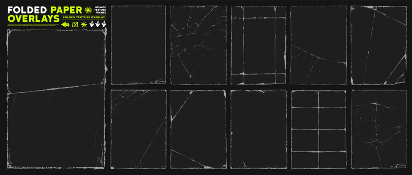 Realistic old folded paper texture overlay kit with grunge scratches, wrinkles and torn edges. Aged and old dust effect, distressed worn edges paper frames for retro, punk and vintage posters.