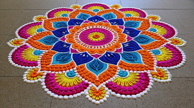 Colorful rangoli design made with decorative powders on floor  