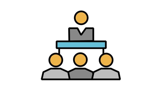 Motion graphic icon displaying a hierarchical corporate organization structure chart with a manager leading three team employees below.