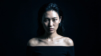 Fototapeta premium Intense dramatic portrait of a beautiful asian woman with wet hair looking at camera