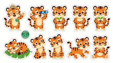 Obraz premium Cute tiger cub character sticker pack, earth guardian environmental conservation elements, vector illustration.