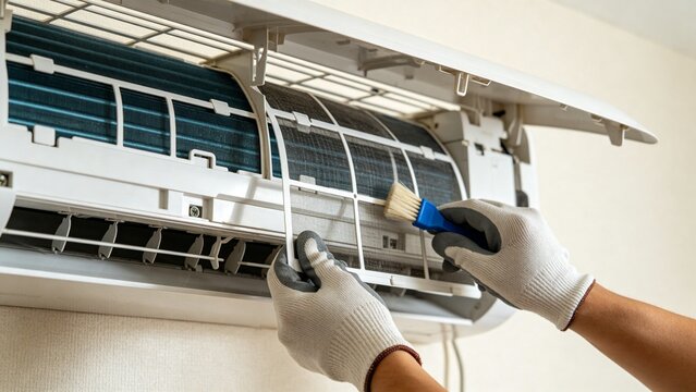 Closeup of technician cleaning filter in wall mounted air conditioner unit