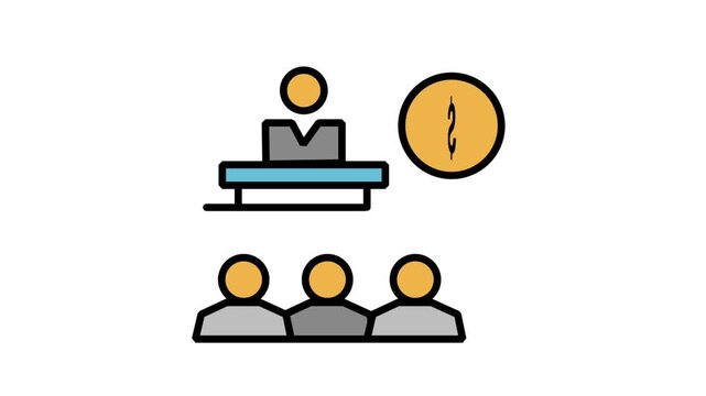 Animated business lecture icon showing a speaker on stage presenting financial topics next to a big gold coin profit symbol.