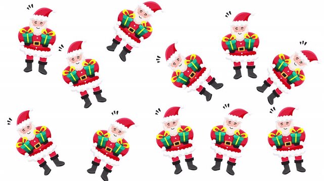Multiple cartoon santa claus figures with green wrapped christmas gifts on white background. Suitable for holiday designs and festive themed projects.