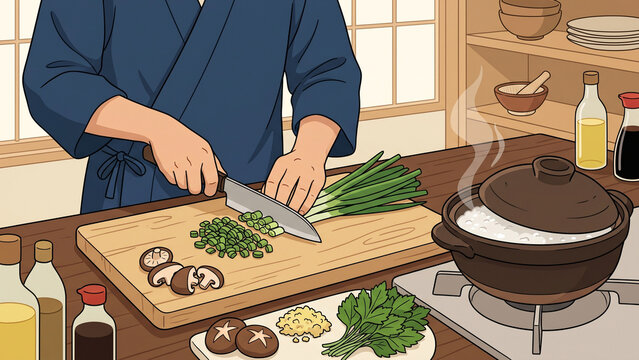 Japanese home cook preparing traditional washoku cuisine in traditional kitchen, chopping green onions and vegetables