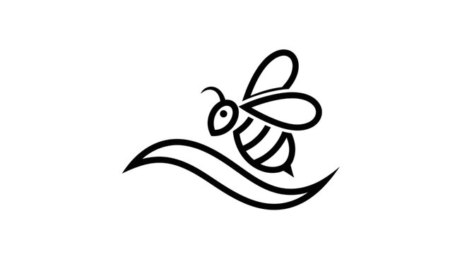 Honey bee flying above curved wave line art icon.