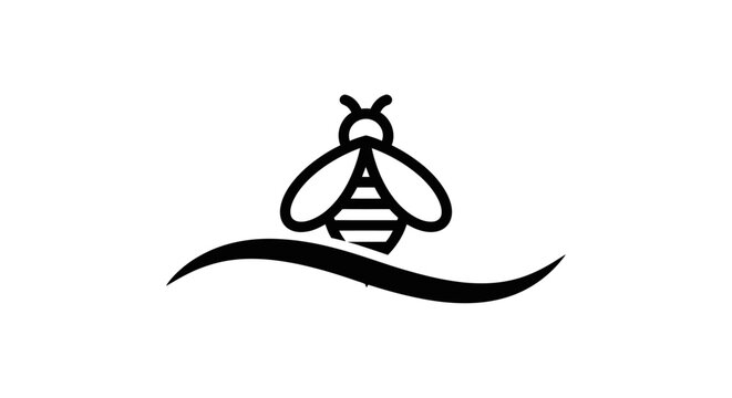 Honey bee flying over curved wave line art logo.