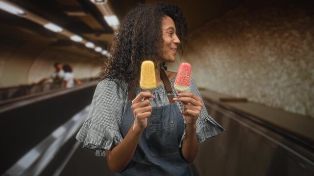 Teenage woman with curly hair in apron holds two ice cream popsicles with bare hands, smiles and looks sideways in a subway building; playful joy.