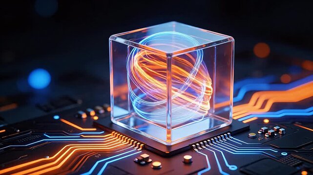 Circuit board with glowing cube