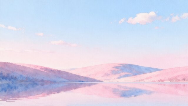 Painting of serene lake and rolling hills