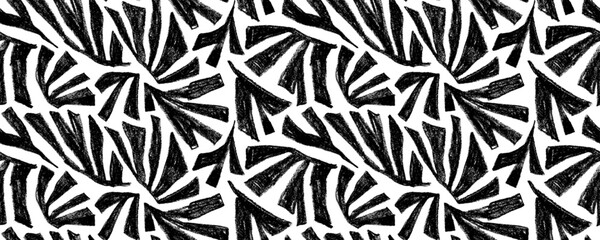 Tropical geometric black leaves seamless pattern. Graphic dynamic botanical vector background with chalk texture palm leaves. Seamless pattern print, natural naive abstract jungle or forest motif bg. © Anastasiia Hevko