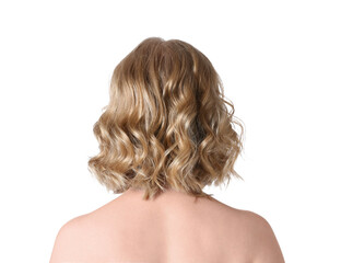 Fototapeta premium Blonde wavy bob haircut from behind, healthy hair care and beauty salon concept, isolated on white background