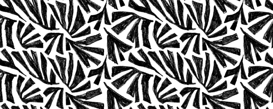 Tropical geometric black leaves seamless pattern. Graphic dynamic botanical vector background with chalk texture palm leaves. Seamless pattern print, natural naive abstract jungle or forest motif bg.