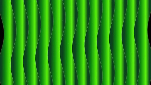 Abstract green wavy background with vertical undulating 3D lines. Emerald satin ribbon patterns rippling in a seamless loop for digital design and bac