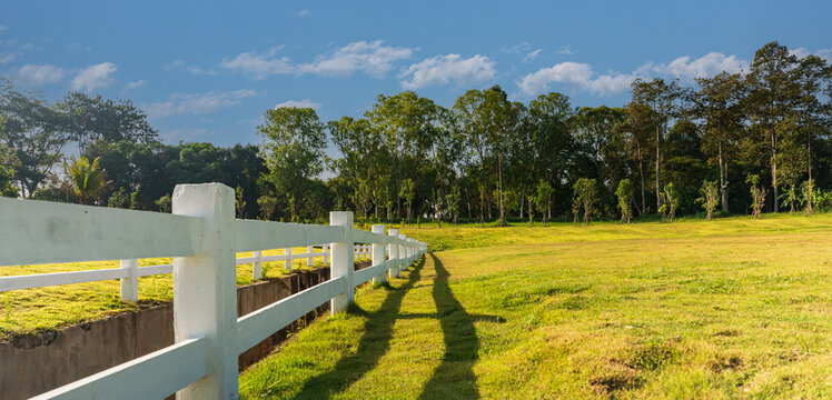White fence beside a green meadow under blue sky in a peaceful rural landscape