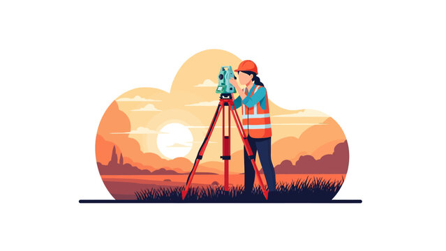 Female Land Surveyor Professional at Work with Total Station Equipment During Sunset, Construction Site Engineering and Topography Concept Illustration