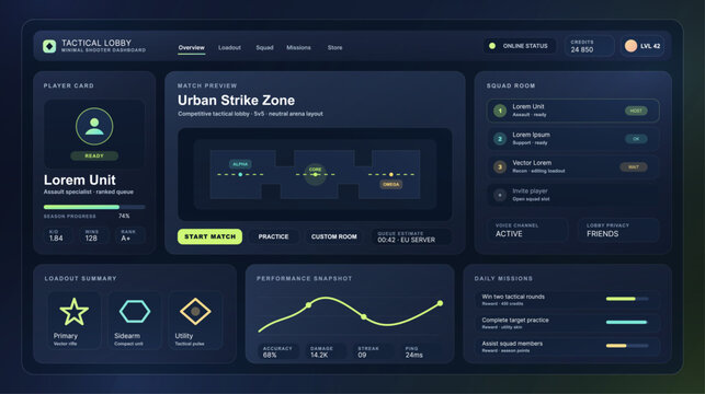 Tactical shooter lobby dashboard UI with player card, match preview, squad room, loadout summary, performance snapshot, daily missions, queue estimate, voice channel and start match controls. Vector 
