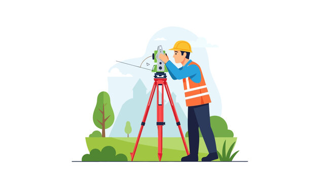 Professional Land Surveyor Using Total Station on Tripod for Geodetic Surveying and Construction Mapping, Flat Vector Illustration Isolated on White Background