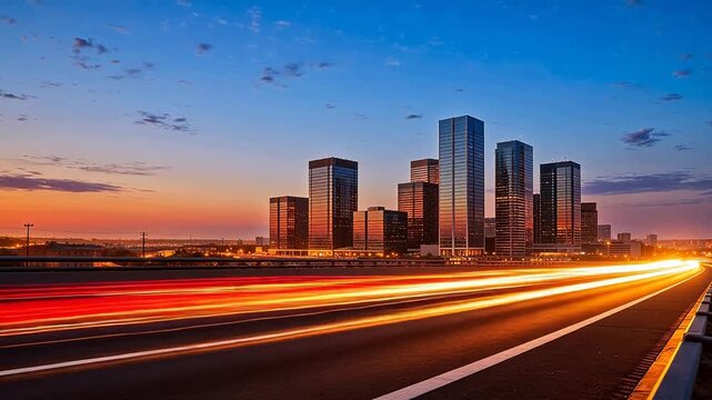 City skyline at sunset with light trails