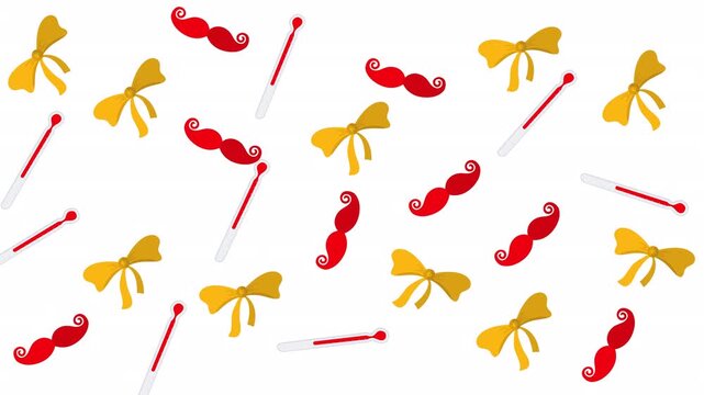 Red mustache props and golden ribbon bows adorn a white background, perfect for party photo booth supplies and celebrations.