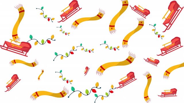 Red sleighs, yellow winter scarves, festive holiday string lights on scattered white background. Suitable for holiday greeting cards, winterthemed designs.