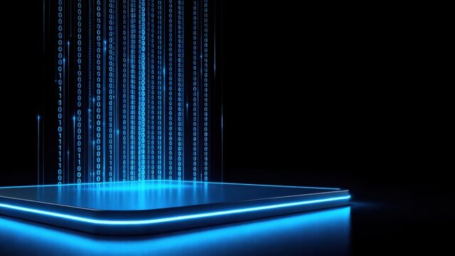 Digital binary code streams on glowing platform