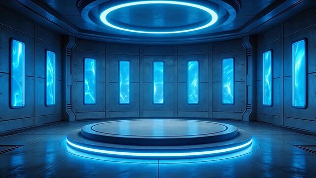 Futuristic room with glowing blue lights
