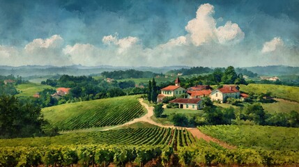 Fototapeta premium Idyllic European vineyard landscape with rolling hills, a charming village, and lush green vines under a bright sky
