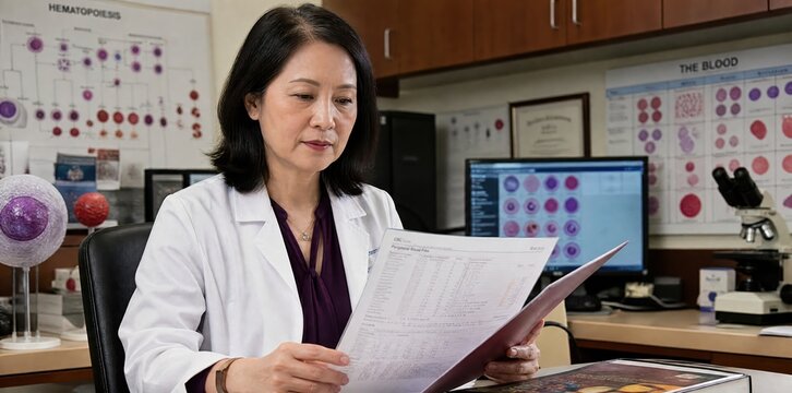 Generative AI, Asian female hematologist reviewing CBC peripheral blood film report