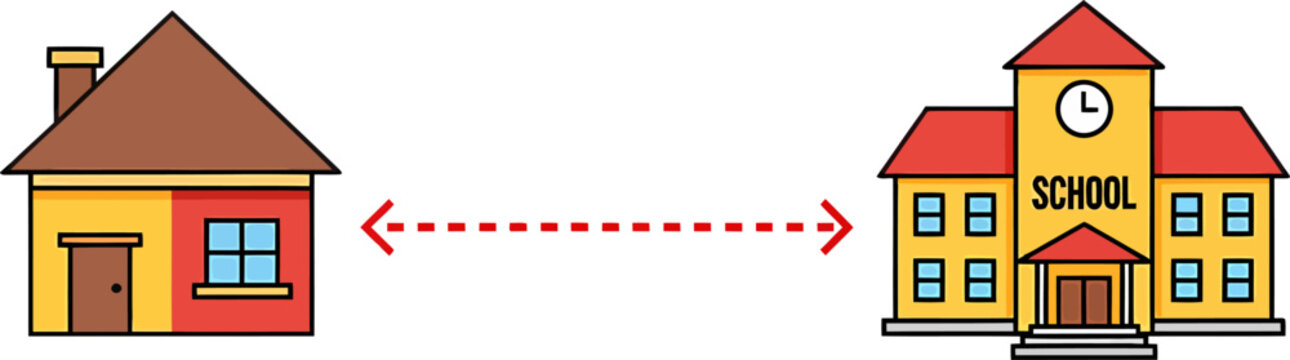 Residential home and school building symbols are linked by a dotted red line to represent the proximity and daily transit route between family living spaces and education.
