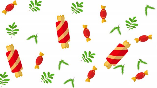 Red striped candy wrappers with colorful green leaves on white background. Suitable for festive holiday designs and candy packaging concepts.