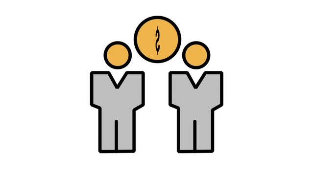 Motion graphic icon of two business workers standing together with a shared financial profit gold coin above their heads.