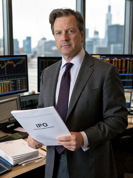 Generative AI, Caucasian male investment banker holding IPO offering memorandum