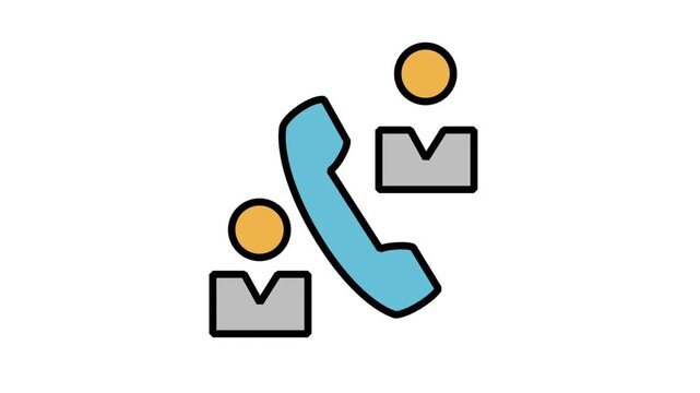 Animated phone consultation icon with two human avatars talking over a telephone receiver call for distant business support services.