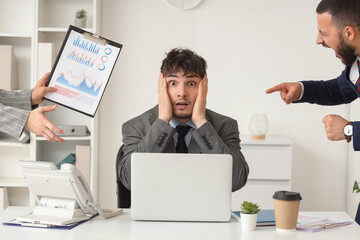 Naklejka premium Overwhelmed businessman experiencing workplace stress and pressure from demanding colleagues, financial data, and deadlines