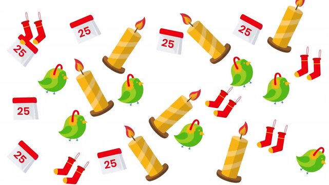 Festive holiday pattern with calendars, candles, birds, and socks in colorful wallpaper background. Suitable for christmasthemed designs and decorations.