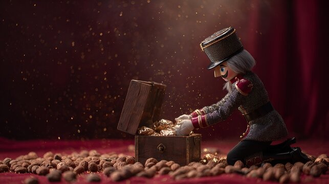A wooden nutcracker holds his hands over a box of nuts, sorting them. A New Year's and Christmas atmosphere.