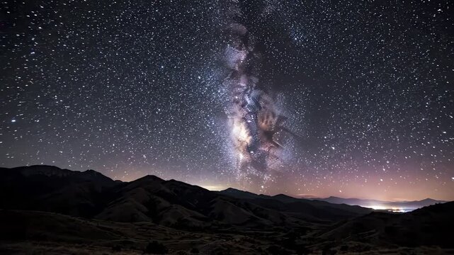 Milky Way Galaxy Over Mountain Range at Night, Starry Sky with Nebula and Distant Lights, Wide Landscape View, Time Lapse Movement, 4K