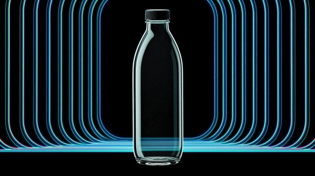 Sleek Glass Bottle with Black Cap Against Futuristic Neon Blue Light Tunnel Background