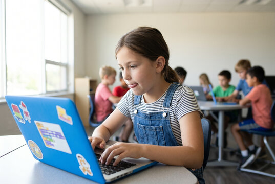 young child in a classroom using a laptop