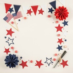 Fototapeta premium Bunting flags and paper flowers are arranged as a decorative frame for a patriotic event on a neutral surface area.