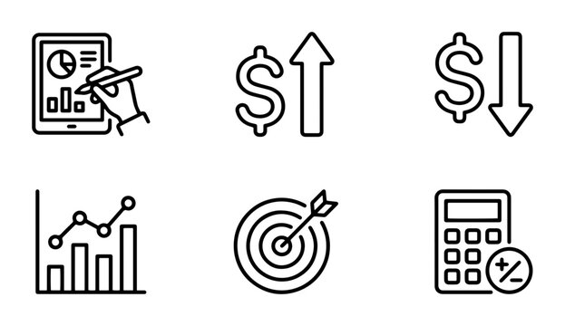 Financial Growth Icons Set: Data Analysis, Up Down Arrows, Target, Calculator, Business Charts