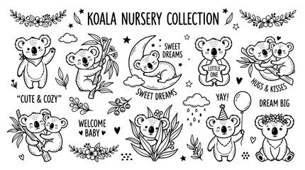 Obraz premium Koala nursery collection with cute baby koalas and floral elements