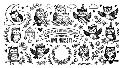 Naklejka premium Hand drawn owl nursery vector collection